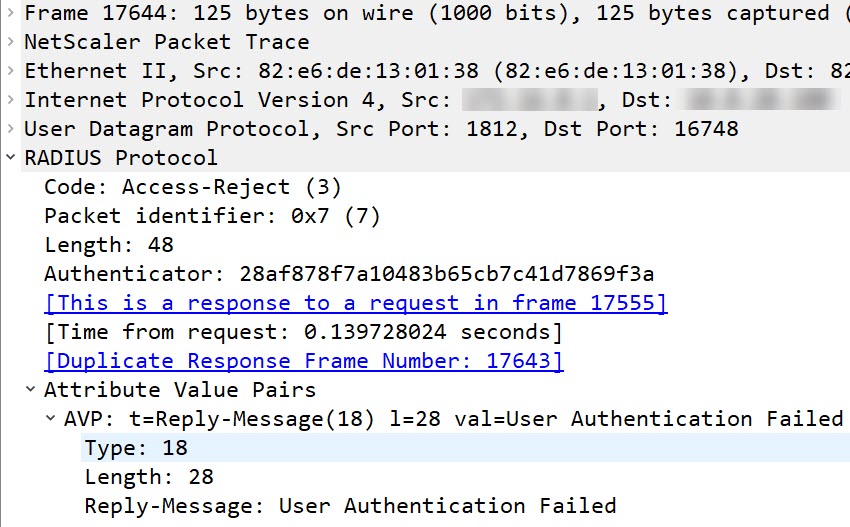 Citrix ADC / NetScaler: RADIUS reject message